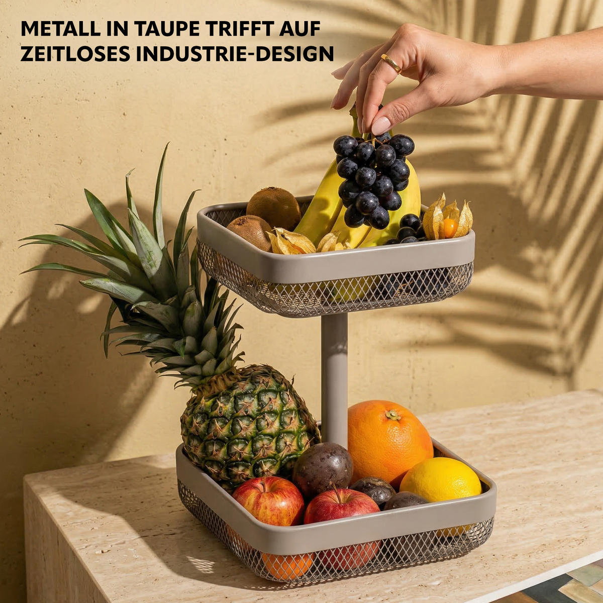 OBSTETAGERE, eckig, 2-stöckig, Ø 20 cm und 25 cm, taupe, Metall - Taupe, Metall (30cm) - eluno