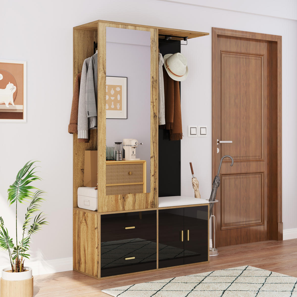 SCHUHSCHRANK 100/38/180 cm in Schwarz/Natur mit Spiegel und Schuhschrank - Naturfarben, Holzwerkstoff (100/180/38cm) - Flora Grace