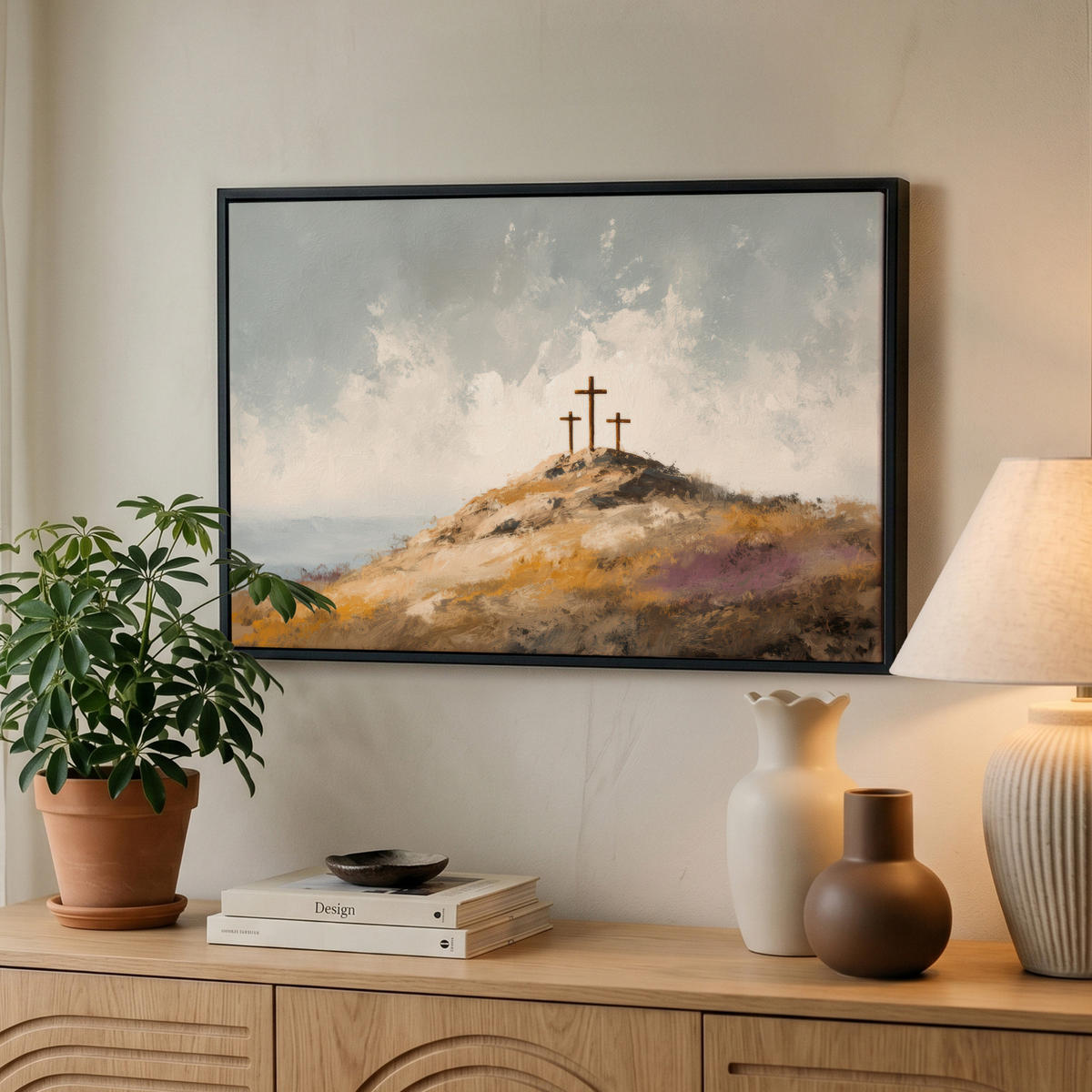 LEINWAND Bilder mit Rahmen - Hügel - Abstrakt - Christentum - Kreuz - 60x40 - Hellgrau, Textil (60/40cm) - MuchoWow