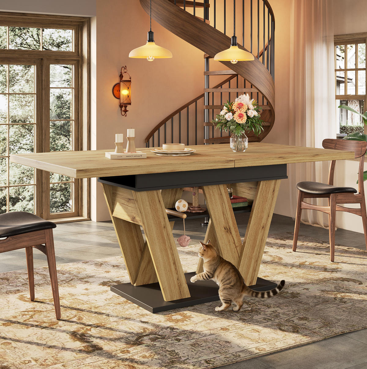 ESSTISCH aus MDF 119-158,5x80x75 cm Schwarz/Natur ausziehbar mit Ablagefach und W-förmigen Beinen - Naturfarben, Holzwerkstoff (158.5/80/75cm) - Modfu