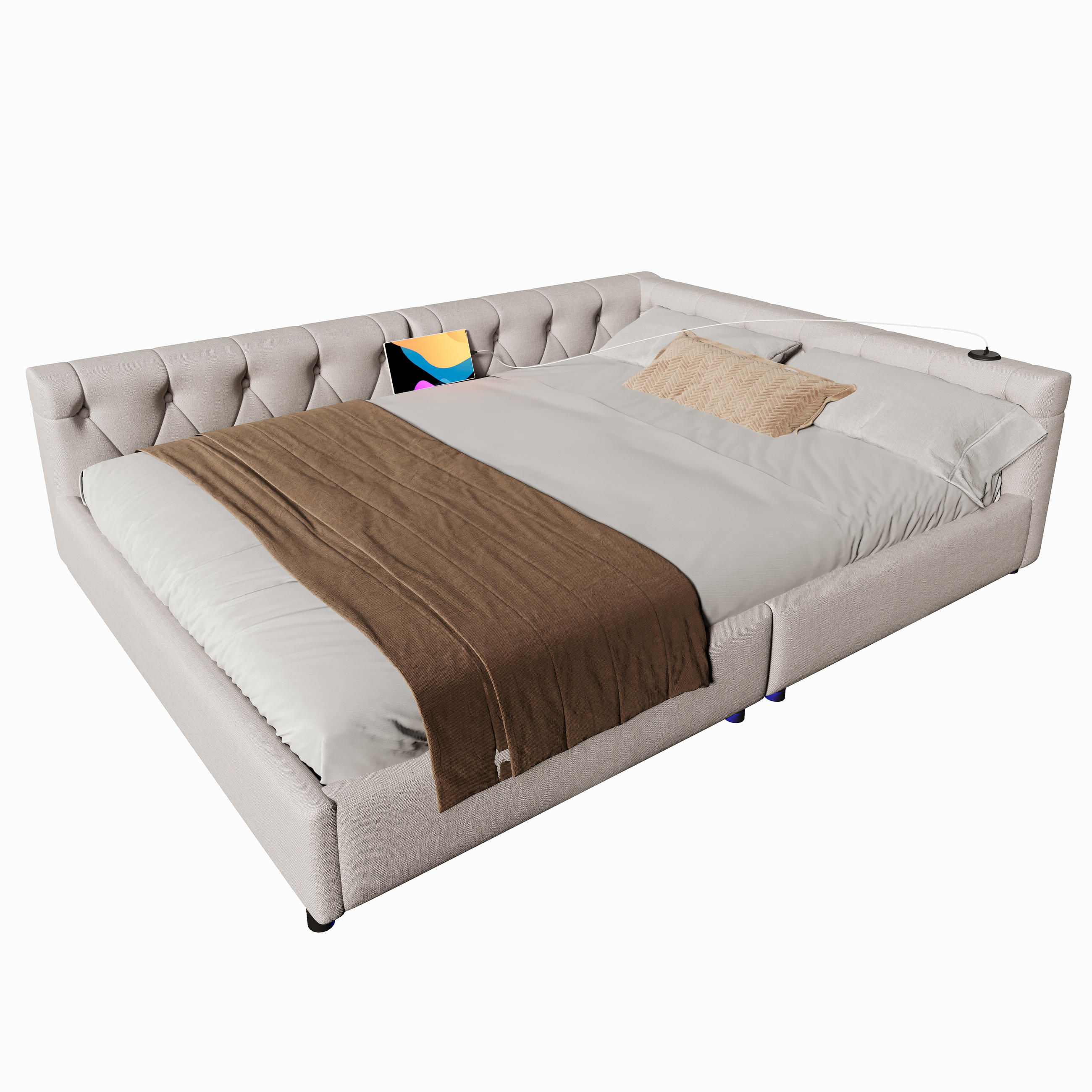 SCHLAFSOFA 140x200cm Beige Leinen LED-Licht Kopfteil USB-C - Beige, Holz (140/200cm) - FLIEKS