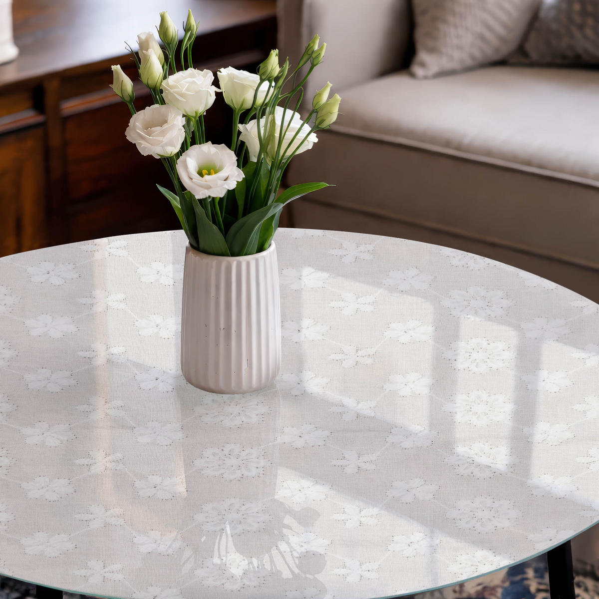 TISCHPLATTE fi50 cm – Blumenmuster - Weiß, Glas (50/50/0.4cm) - Wallfluent