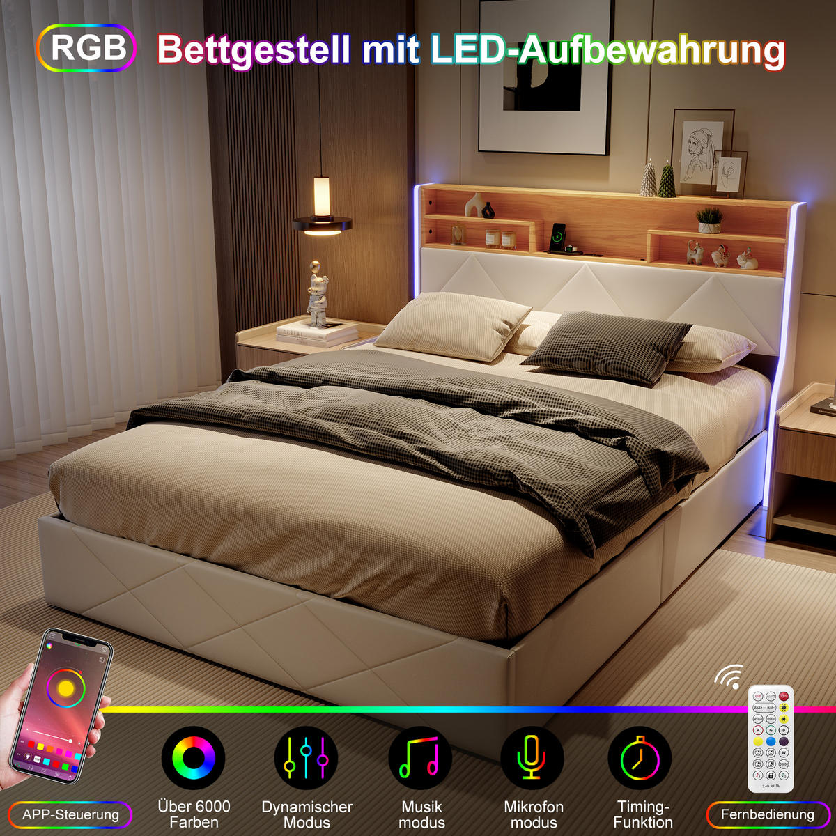 POLSTERBETT 140/200 cm Weiß mit Bettkasten, LED-Beleuchtung, Kopfteil mit Ablage und USB-C/USB-Anschluss - Weiß, Metall (140/200cm) - EuroLiving