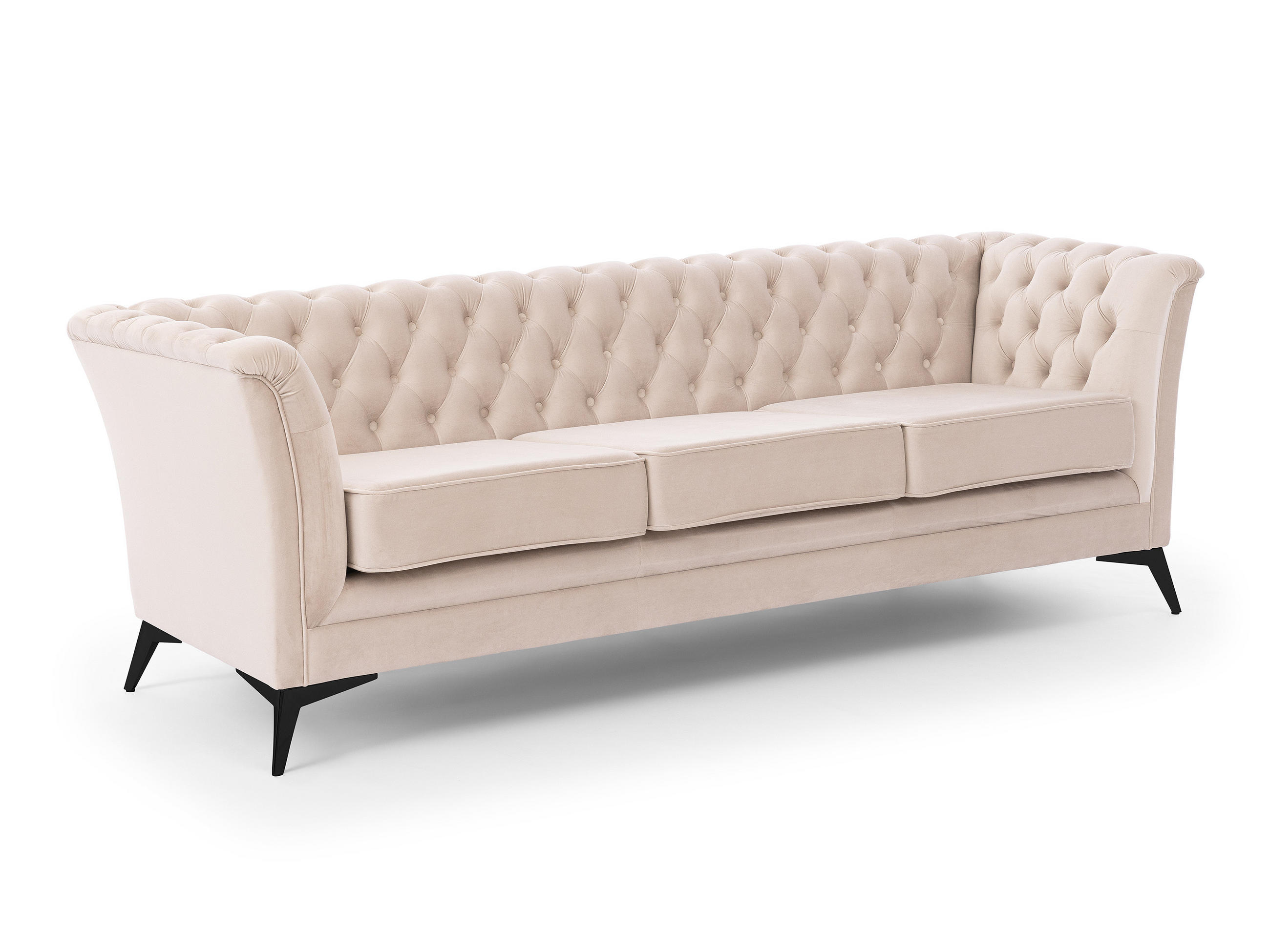 CHESTERFIELD-SOFA 3-sitzer Whitby Beige Samt mit schwarzen Füßen - Beige/Schwarz, Holz/Textil (237/78/82cm) - S-Style Möbel