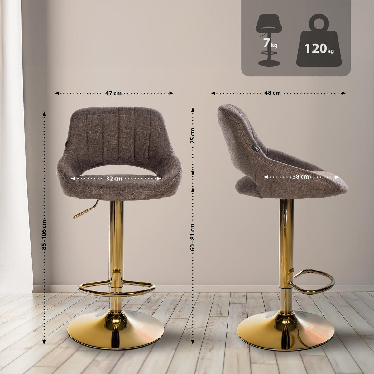 BARHOCKER Stoff Braun - Goldfarben/Braun, Textil/Metall (47/85/48cm) - CLP