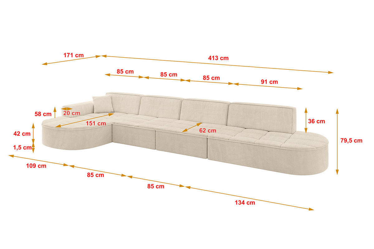 ECKSOFA Ottomane Links TARO-L3 - 413x171x79,5 cm Beige - Beige, Holzwerkstoff/Textil (413/171cm) - ALTDECOR