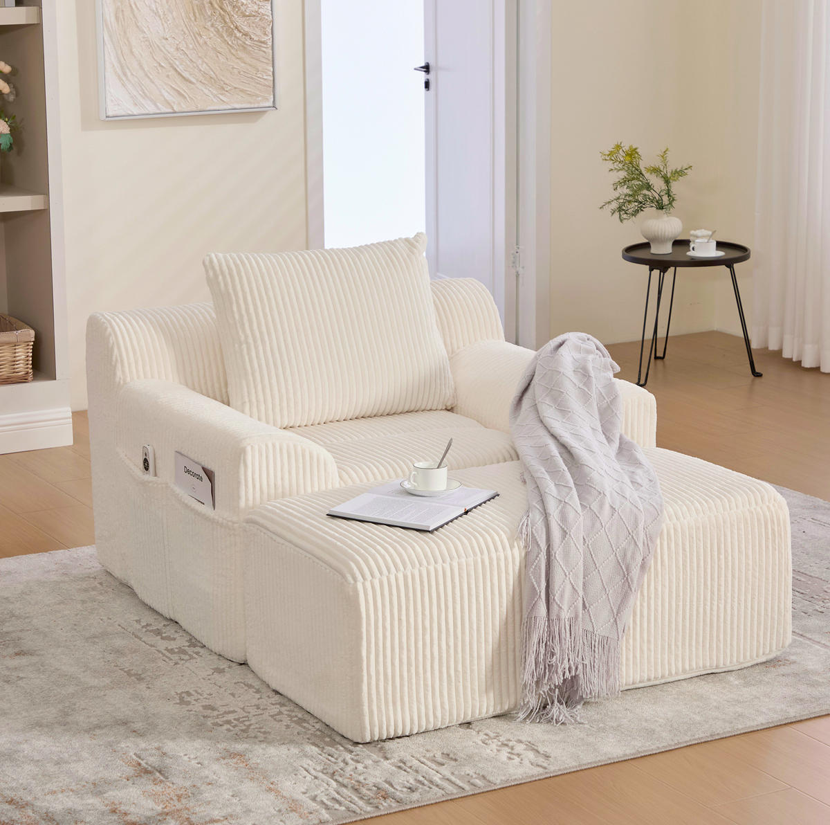SESSEL 147/110/67 cm aus Cord mit Fußhocker – bis 200 kg belastbar - Beige, Textil (147/67/110cm) - BEAOK