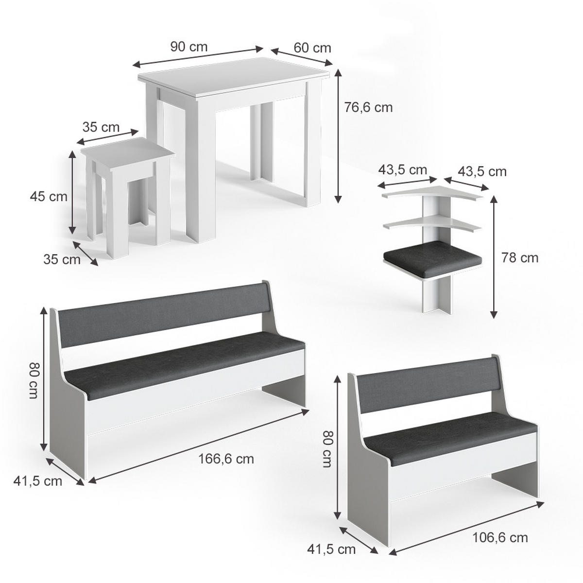 ECKBANKGRUPPE Roman Weiß 210 x 41.5 cm mit Tisch - Anthrazit/Weiß, Holzwerkstoff (210/80/150cm) - Vicco