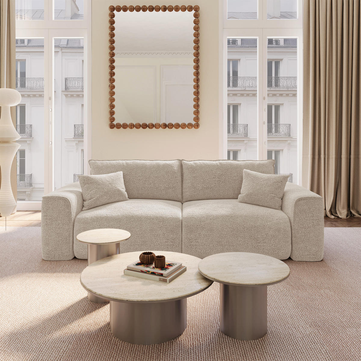 SCHLAFSOFA mit Stauraum COMO Bouclé-Stoff Beige 254cm - Beige, Textil (254/78/95cm) - Premium Interiors