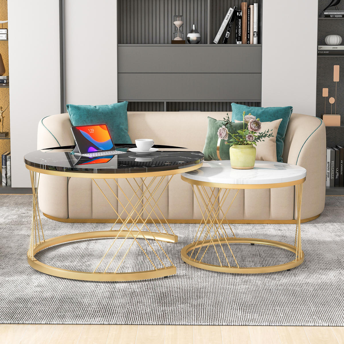 COUCHTISCH Runder Nesting mit Marmoroptik Zweiteilig Für Wohnzimmer Und Kleine Räume Schwarz,70 X 70 X 45 Cm - Goldfarben/Schwarz, Holzwerkstoff/Metall (70/70/45cm) - EVRYAE
