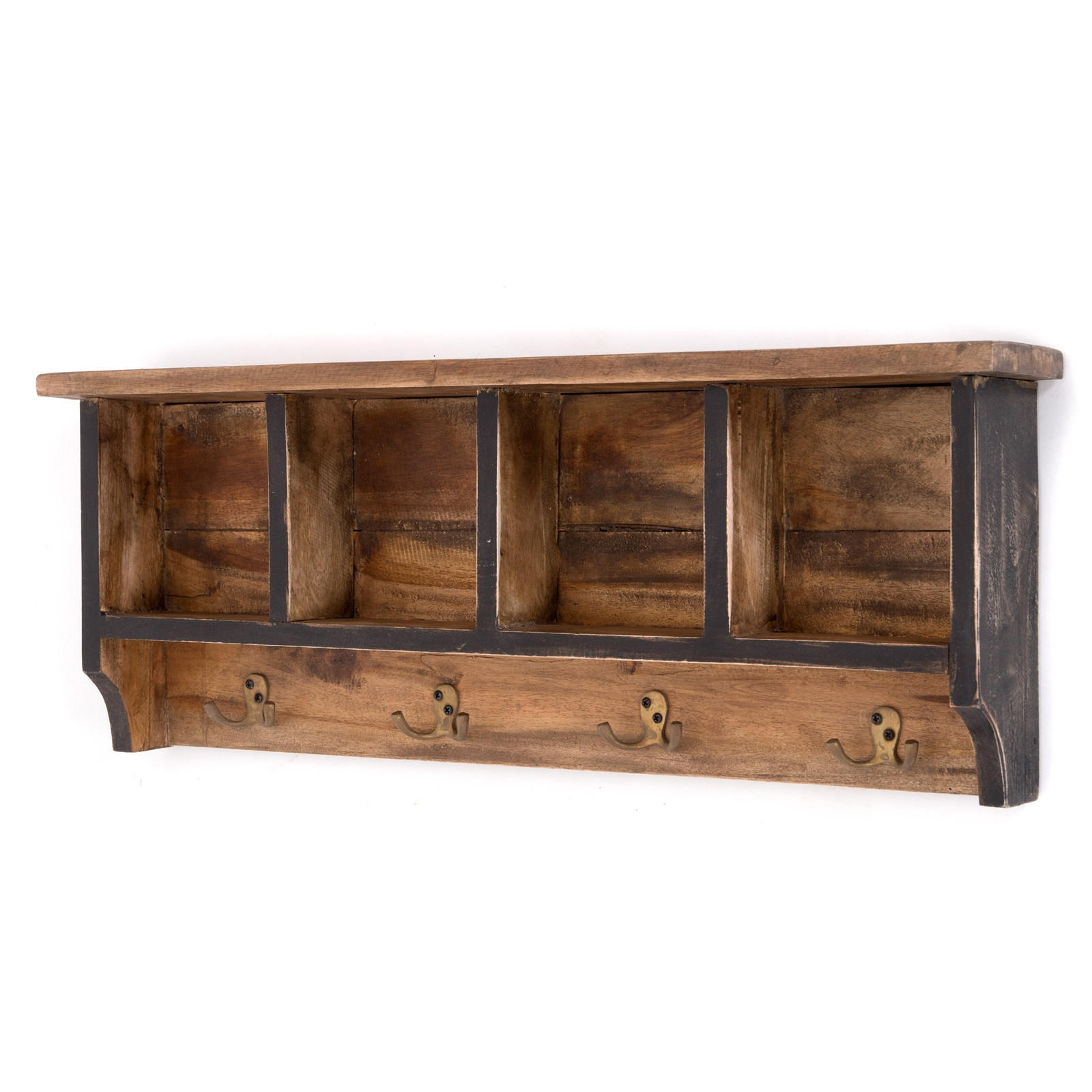 WANDGARDEROBE VINTAGE 70 Recyclingholz massiv, 4 Doppelhaken, 4 Fächer, Ablage 04 schwarz-natur - Graubraun, Holz (70/27/11cm) - DESIGN DELIGHTS
