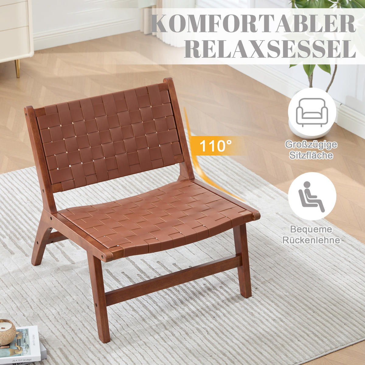 RELAXSESSEL mit Holzgestell, Kunstleder Flechtwerk, Breite Sitzfläche, Braun - Braun, Holz (66/72/71cm) - LVHOM