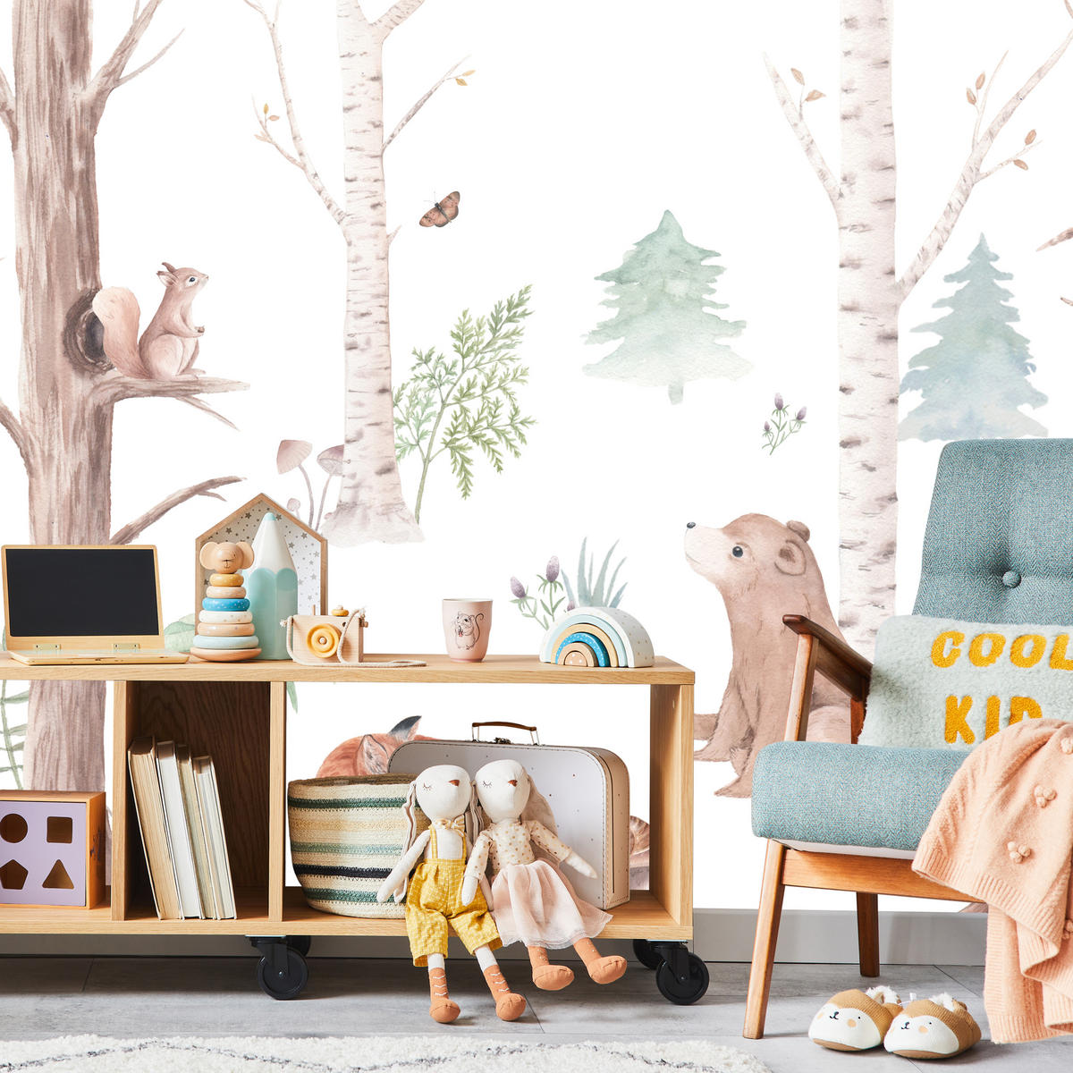 FOTOTAPETE für Kinderzimmer Wilde Waldtiere Aquarell Bäume 500x350 - Orange/Braun, Papier (500/350cm) - Muralo