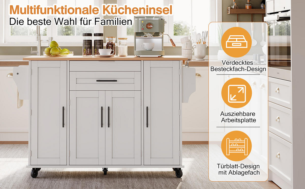 KÜCHENINSEL 120x45/70 cm ausziehbar mit Gewürzregal - Weiß, Holzwerkstoff (136/92/70cm)