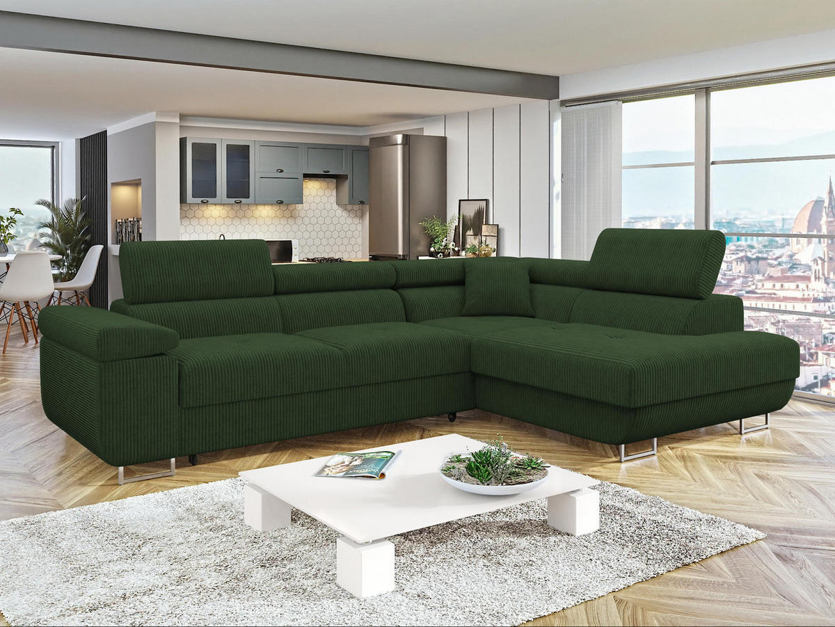 ECKSOFA Torezio Cord, Seite: Rechts - Dunkelgrün, Holz/Textil (274/203cm) - MIRJAN24