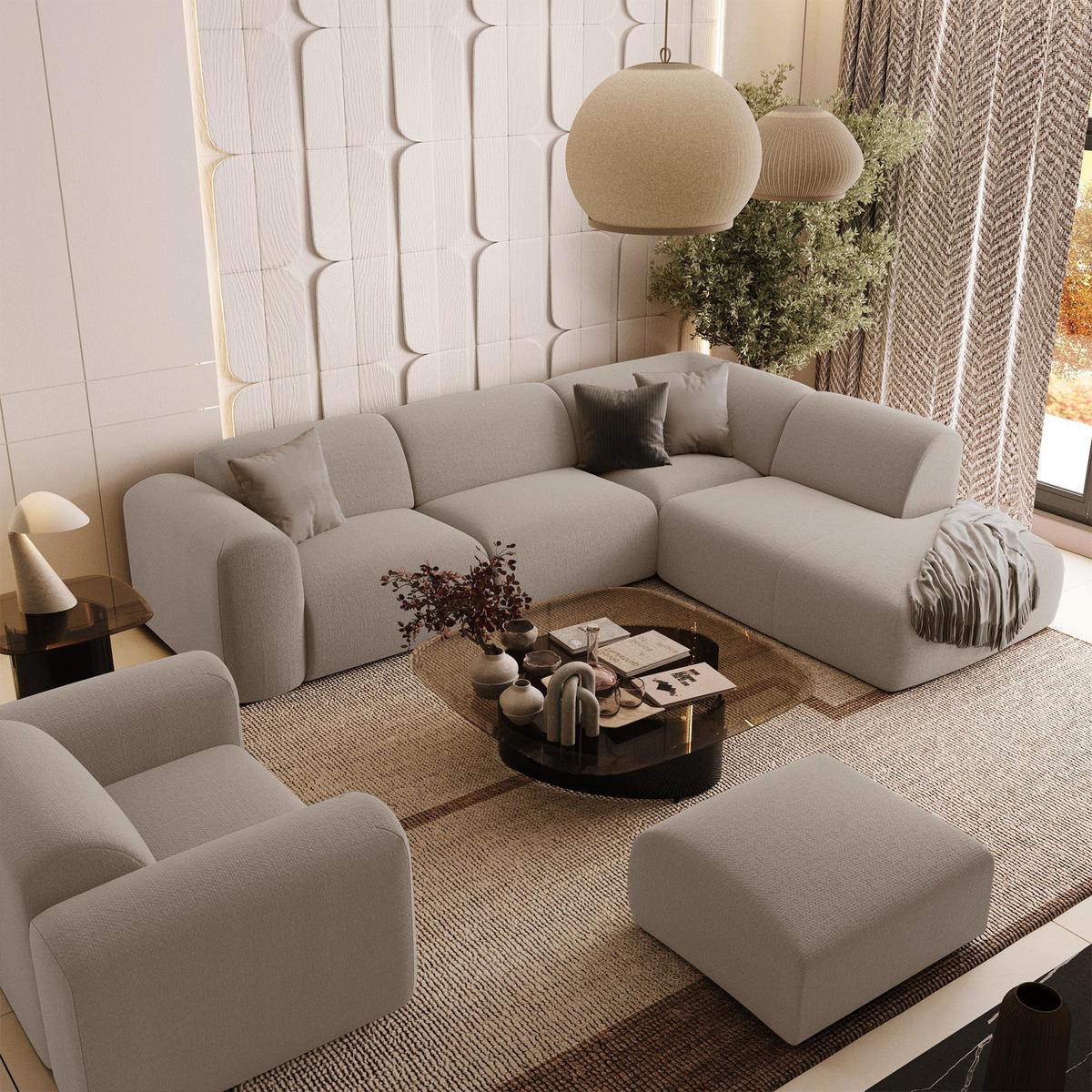ECKSOFA RECHTS Rastergewebe Beige 269cm - Beige, Textil (269/221cm) - Sia Home