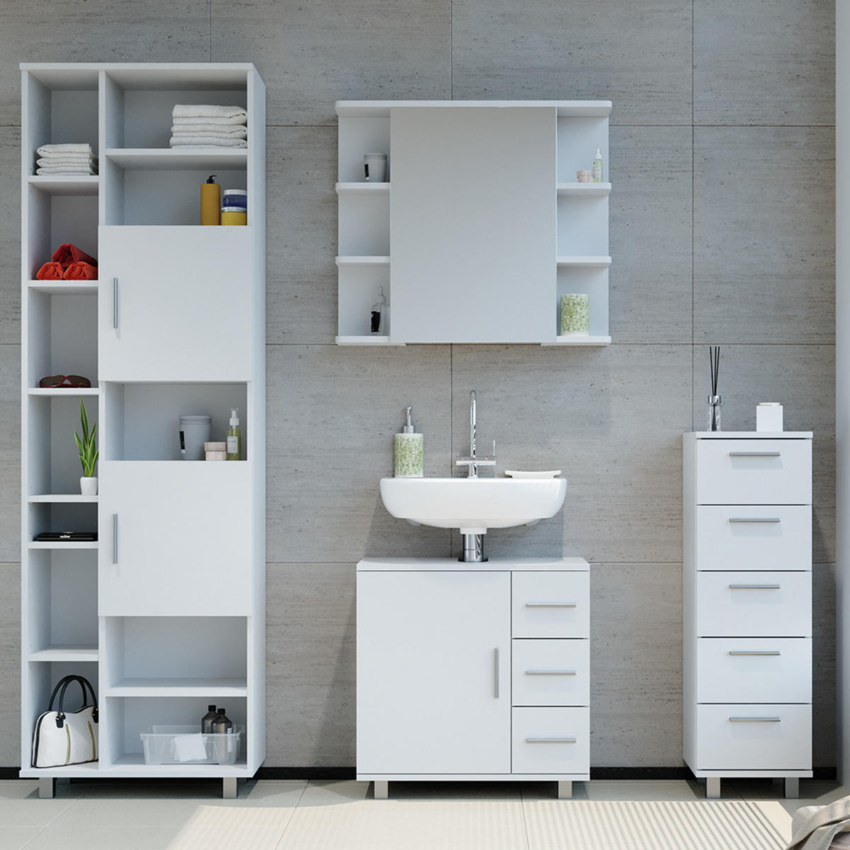 BADMÖBEL-SET Ilias Weiß 4 Teile, mit Hochschrank - Weiß, Holzwerkstoff (60/60/33cm) - Vicco