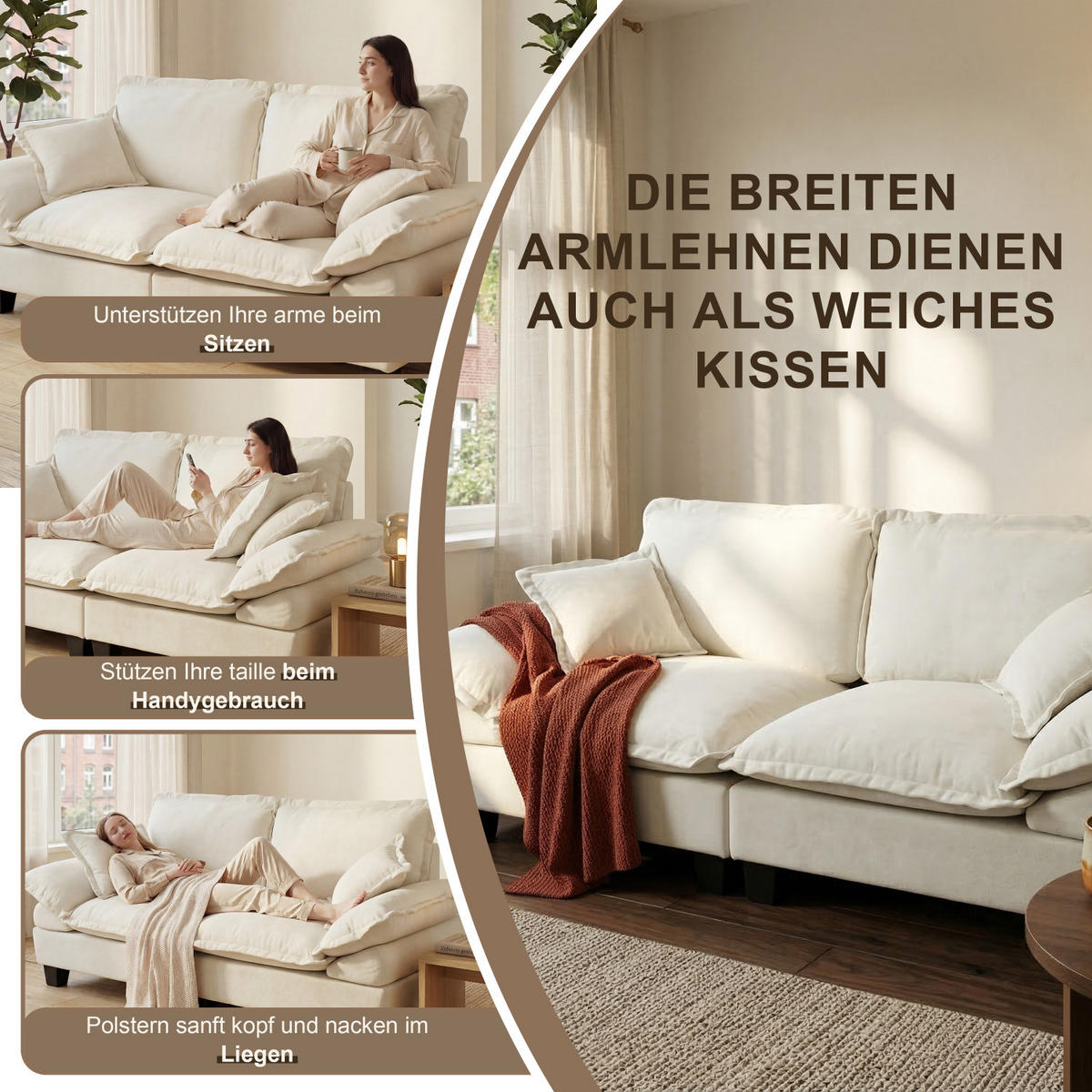 ECKSOFA 264/155/90 cm Beige mit 1 beweglicher Fußhocker - Beige, Textil (263/151cm) - Oxeza