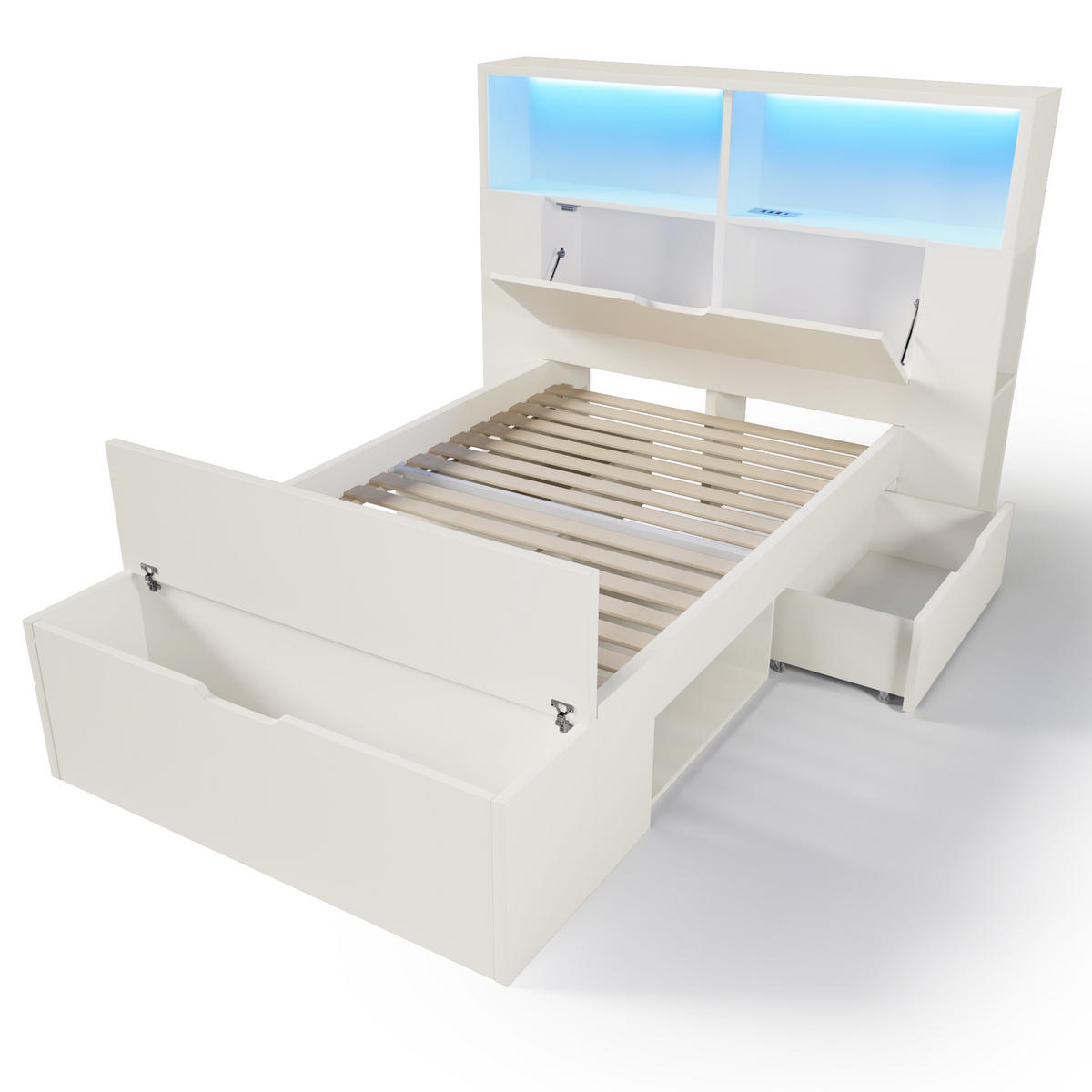 KINDERBETT 90/200 cm in Weiß mit LED, USB-Anschlüssen und Stauraum - Weiß, Holzwerkstoff (90/200cm) - BEAOK