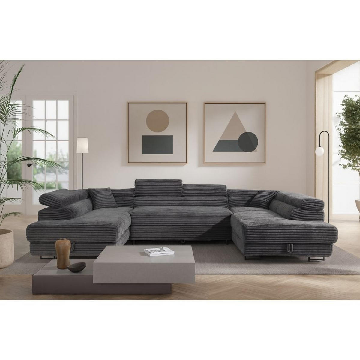 WOHNLANDSCHAFT Luis U mit Schlaffunktion und Bettkasten, 340 cm, Dunkelgrau - Dunkelgrau/Grau, Textil/Metall (340/88/205cm) - AN-Moebel 4u