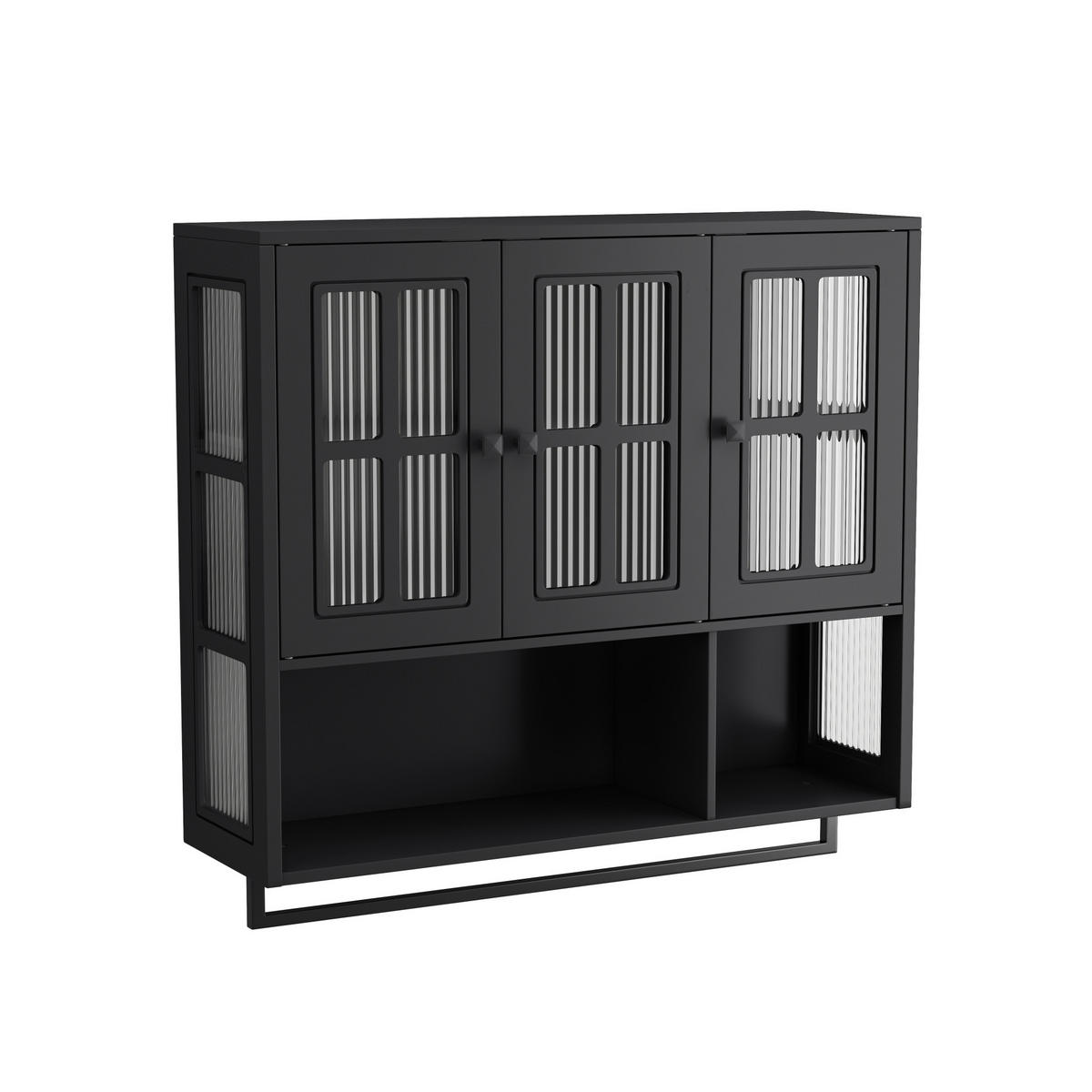 KÜCHENOBERSCHRANK 88/26/82,5 cm mit Glasfront, 3 Türen und Handtuchhalter in Schwarz - Schwarz, Holzwerkstoff (88/82.5/26cm) - BEAOK