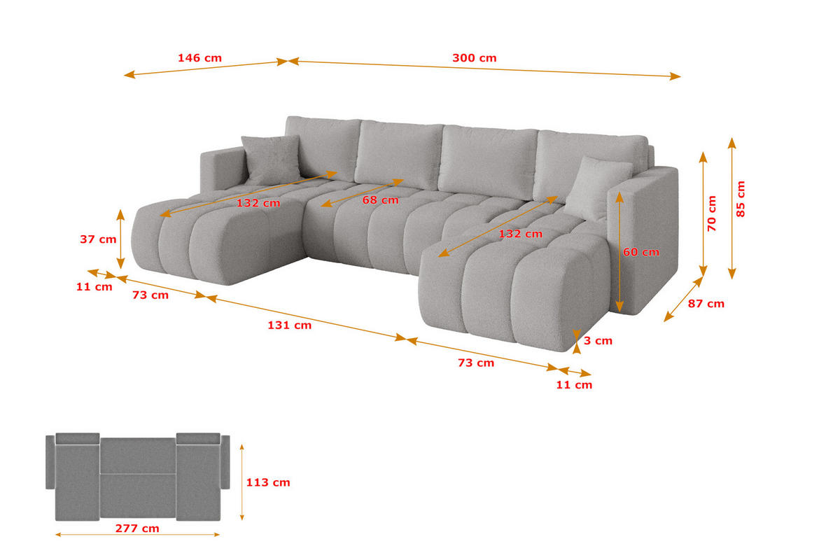 SEDACÍ SOUPRAVA DO U s funkcí spaní a úložným prostorem GARD-U 300x146x85 světle šedá bouclé - černá/stříbrná, kompozitní dřevo/textil (300/85/146cm) - ALTDECOR