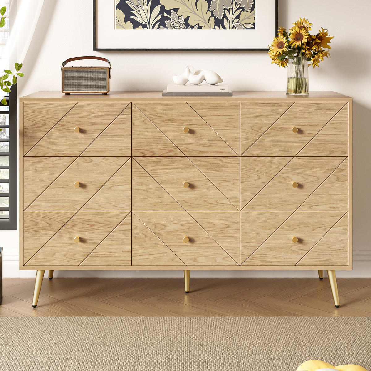 KOMMODE 120/39/80 cm mit 9 Schubladen und Eisenbeinen - Naturfarben, Holzwerkstoff (120/80/39cm) - BEAOK