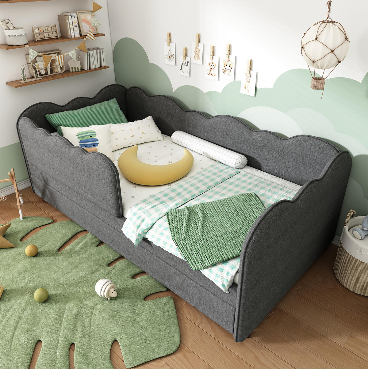 KINDERBETT Polsterbett 90/190 cm aus Leinen mit Ausziehbett Grau - Grau, Textil (90/190cm) - Modenvie