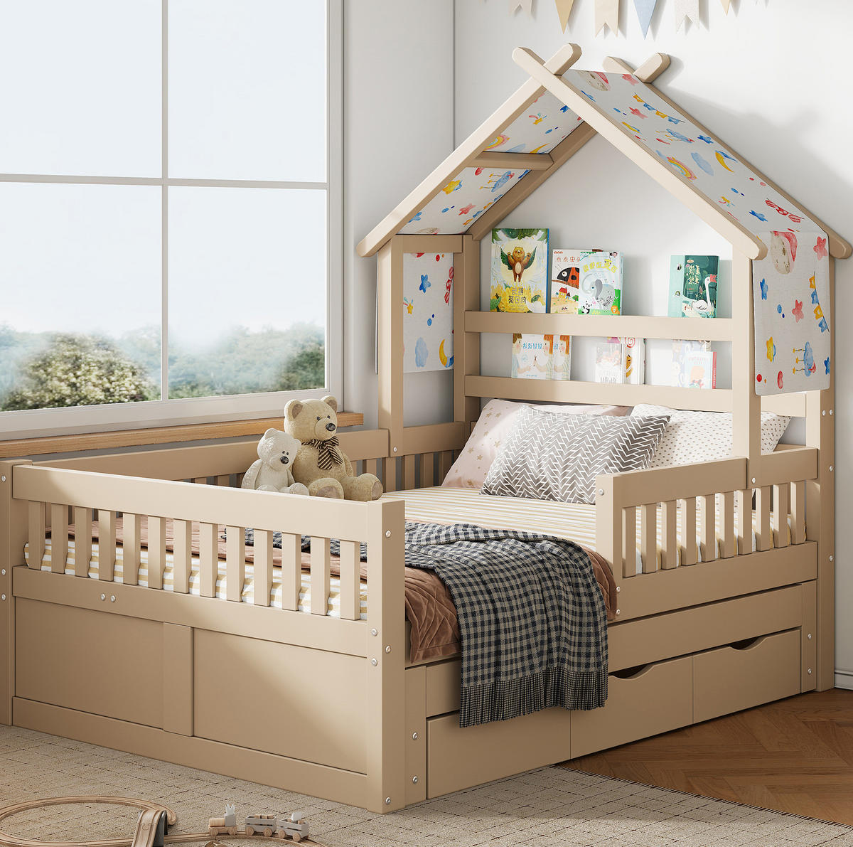 HAUSBETT 140/200 cm in Creme mit Ausziehbett, 3 Schubladen und Sicherheitsgittern - Creme, Holz/Holzwerkstoff (140/200cm) - CHICFURN