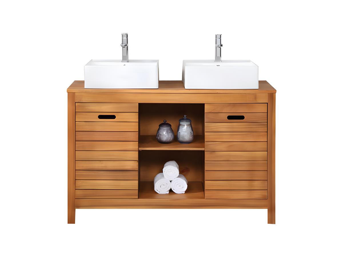 DOPPELWASCHTISCH - 130 cm x 50 cm - Keramik, Holz, Platte - Naturfarben Dunkel - PULUKAN - Naturfarben, Keramik/Holz (130/83/50cm) - Vente-Unique