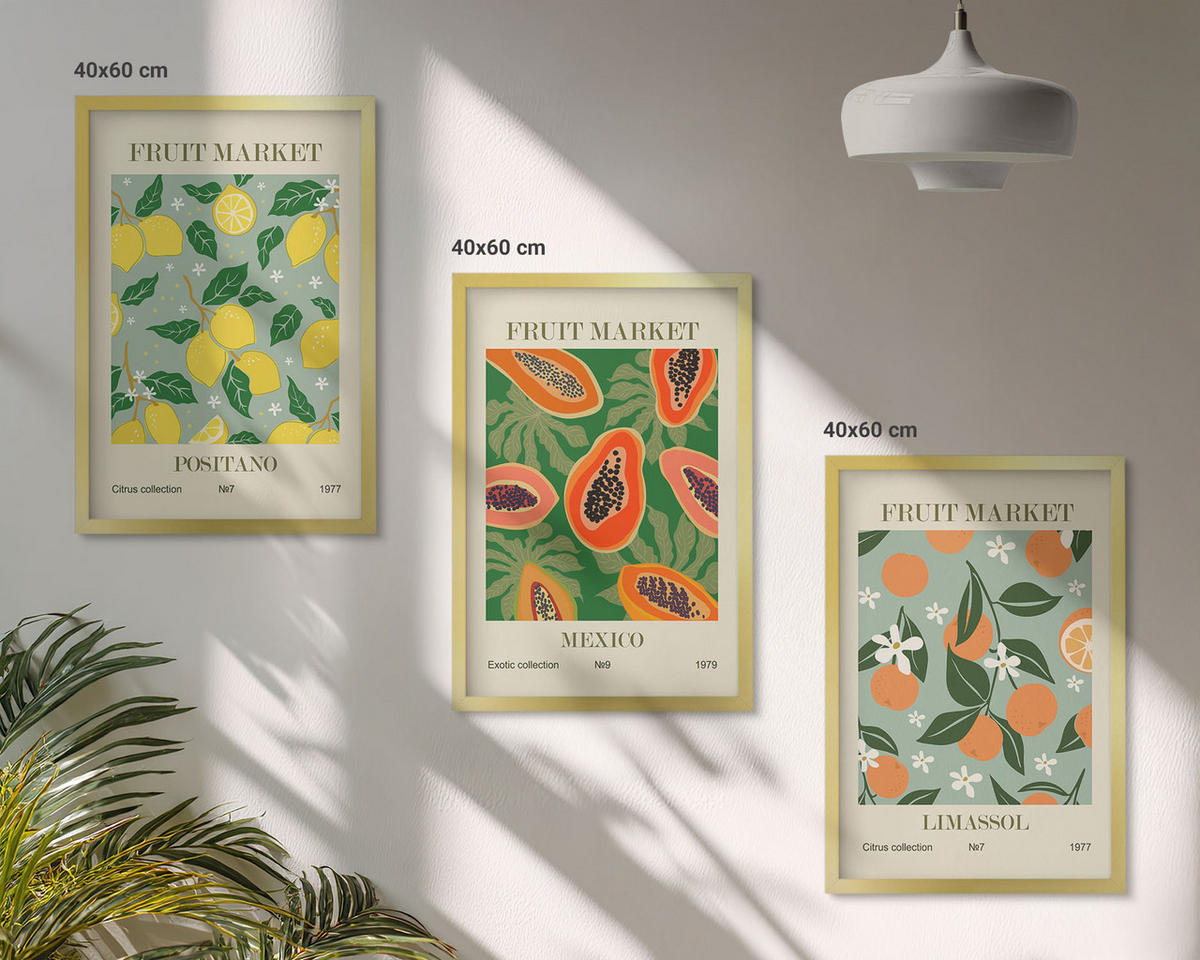 WANDBILDER 3er Set - 40x60 cm Goldrahmen - Fruchtposter Zitronen Papayas - Goldfarben, Kunststoff (40/60cm) - ArtPrintCave