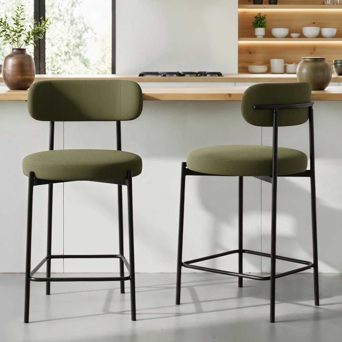 BARHOCKER 2er-Set Iris modernen aus khakifarbenem Cord, 65 cm - Schwarz/Grün, Textil/Metall (53.5/96/49.5cm) - Sicaan