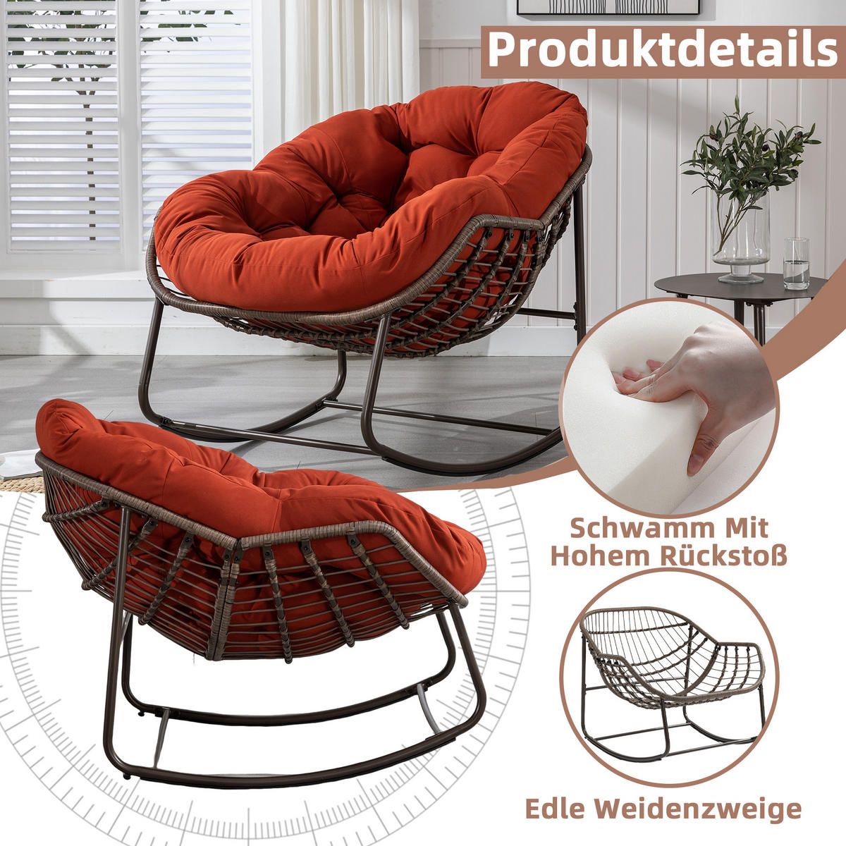 SCHAUKELSTUHL Schaukelsessel Garten,Rattanstuhl mit Stahlrahmen,Orange-Polyester - Orange, Metall (94.5/80/111cm) - LVHOM