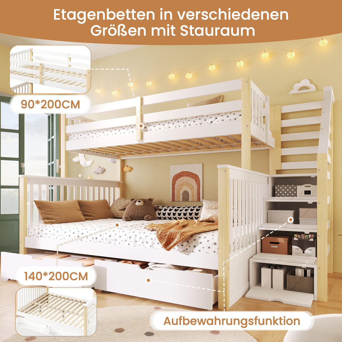 ETAGENBETT 90/140x200 cm Schubladen weiß - Weiß, Holz (140/200cm) - LEBENLANG