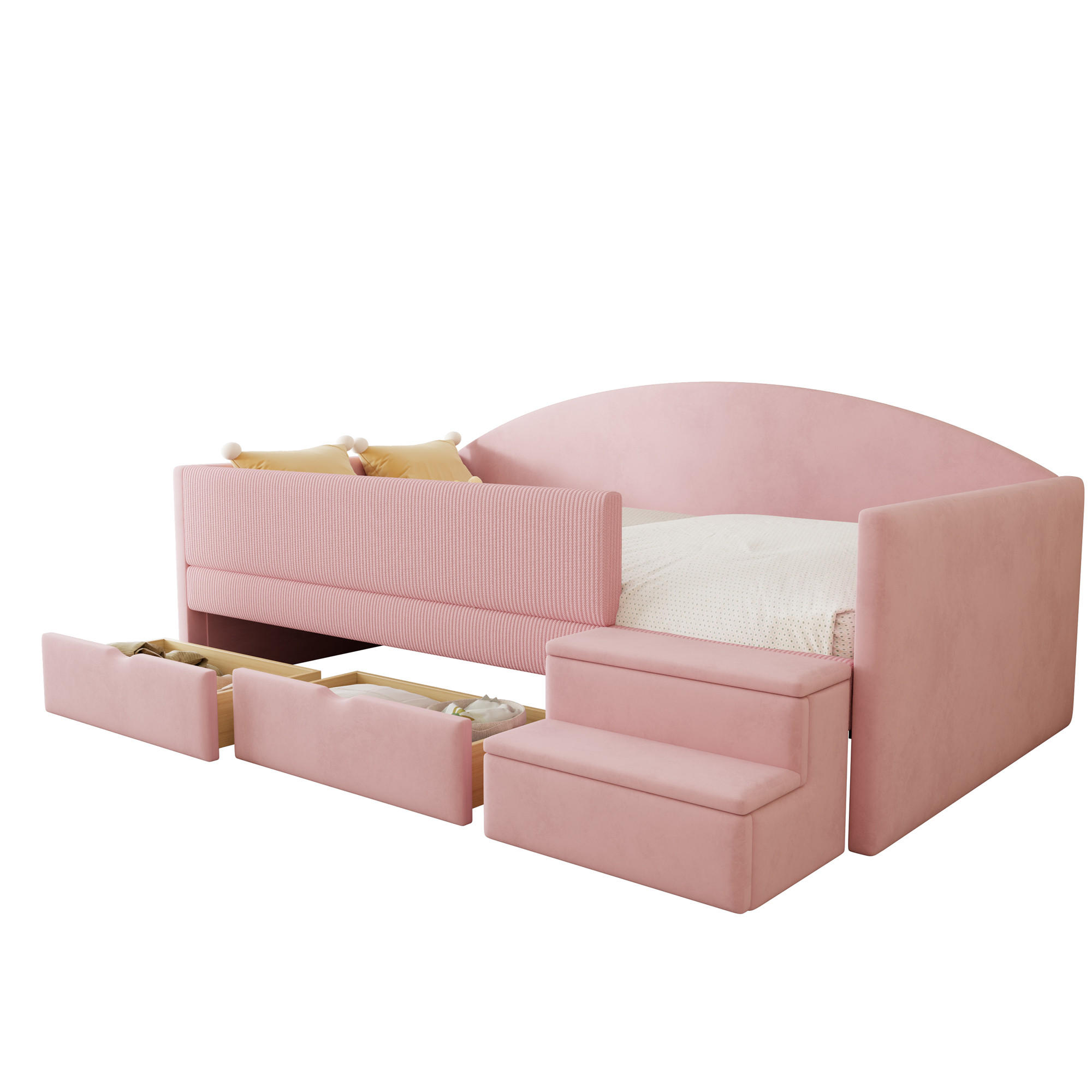 KINDERBETT 90/190 cm in Rosa Samt mit 2 Schubladen und Stufen - Rosa, Holzwerkstoff/Textil (90/190cm) - WISHDOR