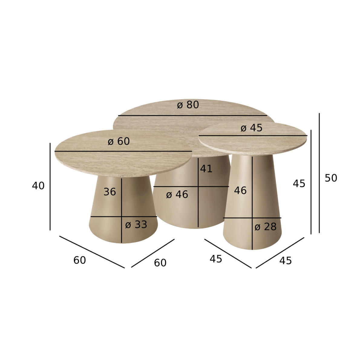 COUCHTISCHE 3er Set Beige - Beige/Schwarz, Leder/Holzwerkstoff (79/90/114cm) - Furnhouse