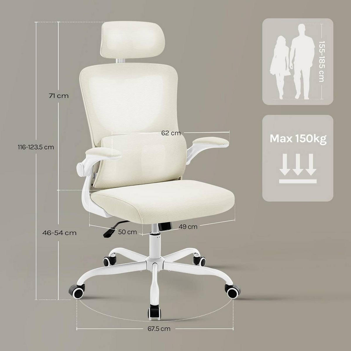 BÜROSTUHL ergonomisch, Netzstoff, Beige - Beige, Kunststoff/Textil (62/116/69.5cm) - Woltu