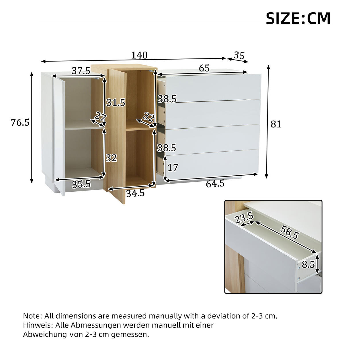 SIDEBOARD 140/35/76.5 cm Weiß aus MDF grifflos - Weiß, Holzwerkstoff (35/76.5/140cm) - OKMYHOME