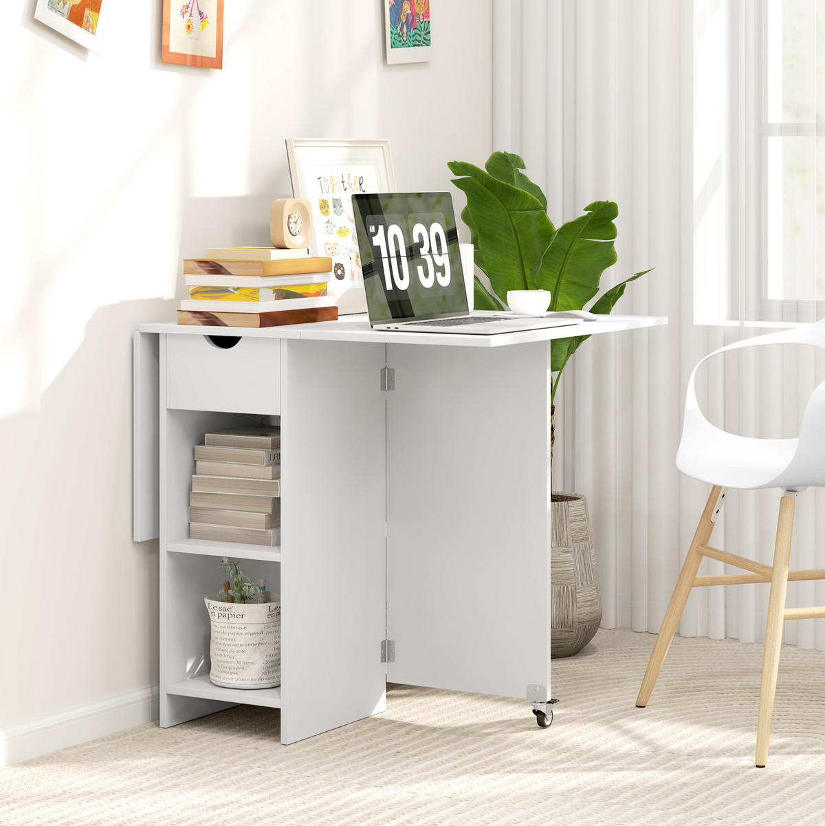 KLAPPTISCH für 2-4 Personen 114,5/70/75 cm mit Ablagen und Schublade, Weiß - Weiß, Holzwerkstoff (114.5/70/75cm) - BEAOK