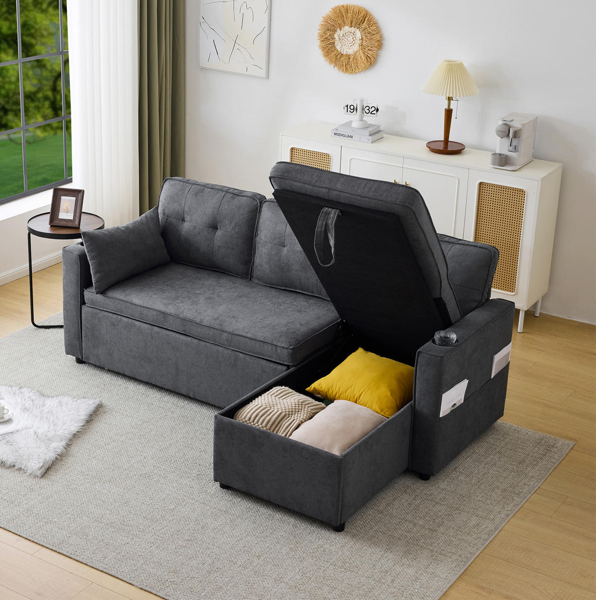 SCHLAFSOFA aus Baumwoll-Leinenstoff 211x130x86 cm Grau mit Stauraum, wechselbarer Chaiselongue und Getränkehaltern - Grau, Textil (211/86/129.5cm) - Modfu
