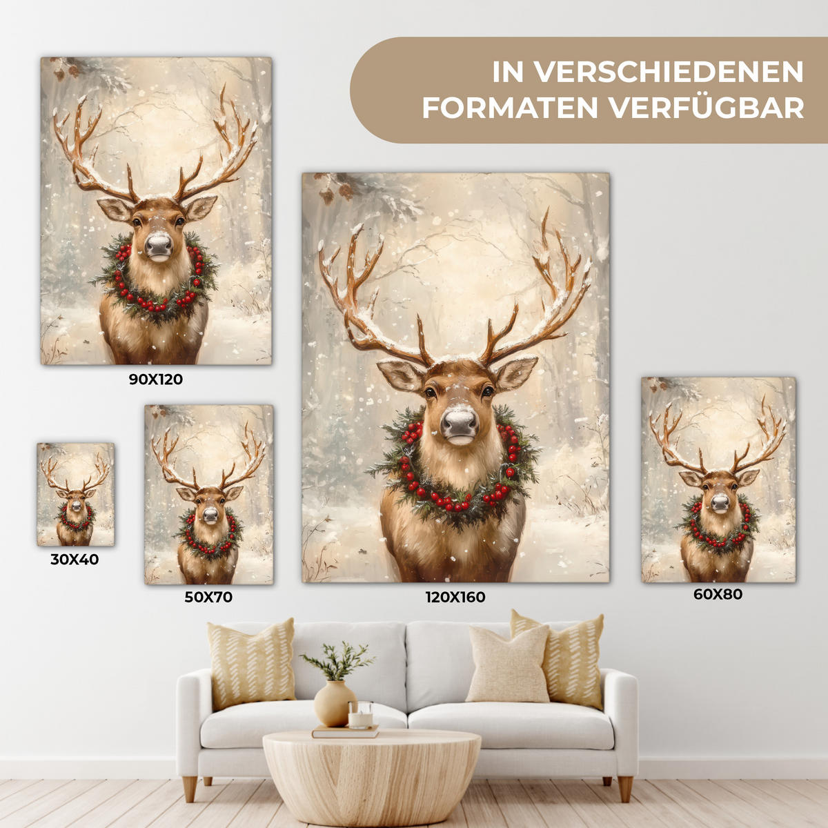 LEINWANDBILD Weihnachten - Rentier - Winter - Kranz 60x80 cm - Naturfarben, Textil (60/80cm) - MuchoWow