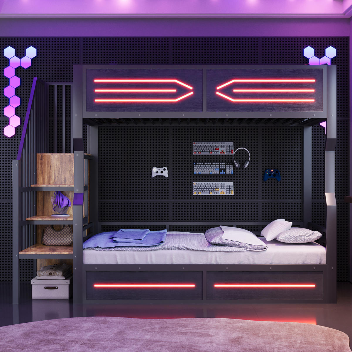 HOCHBETT 90/200 cm in Schwarz Jugendbett mit Treppe, Stauraum und LED Metall-Design - Schwarz, Holzwerkstoff/Metall (90/200cm) - STILVORA