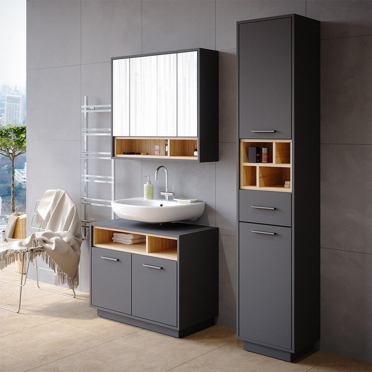 BADSPIEGELSCHRANK Beatrice Anthrazit 80 x 72 cm - Anthrazit, Holzwerkstoff (80/72/20cm) - Vicco
