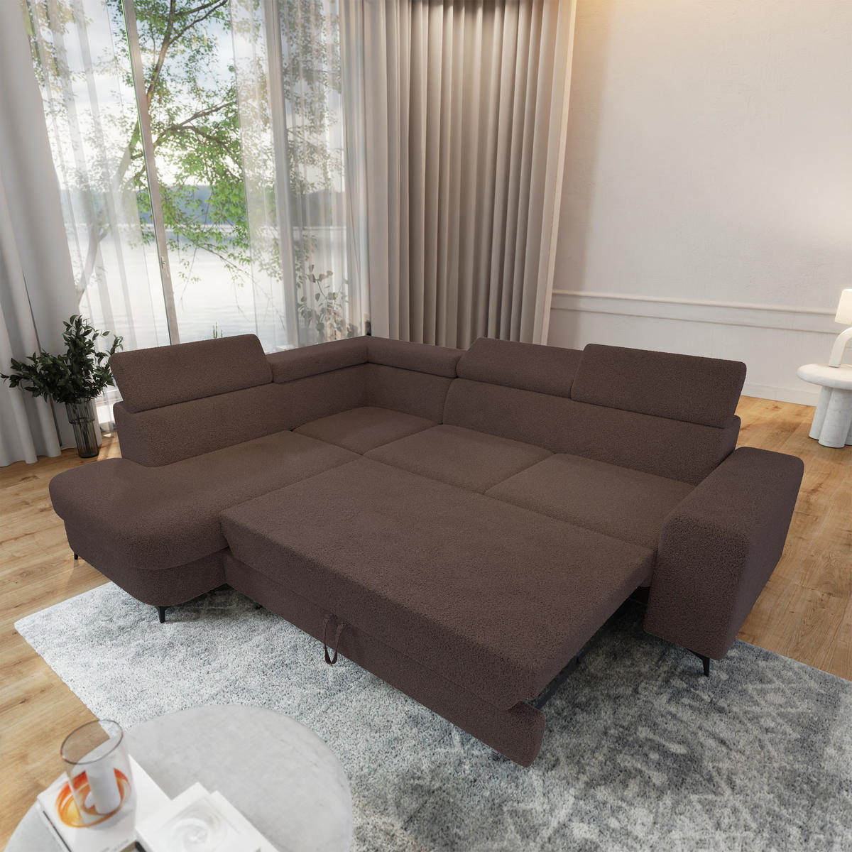 ECKSOFA ALVORO L-S Braun Boucle-Stoff mit Schlaffunktion - Braun, Holz (253/190cm) - MASSENO