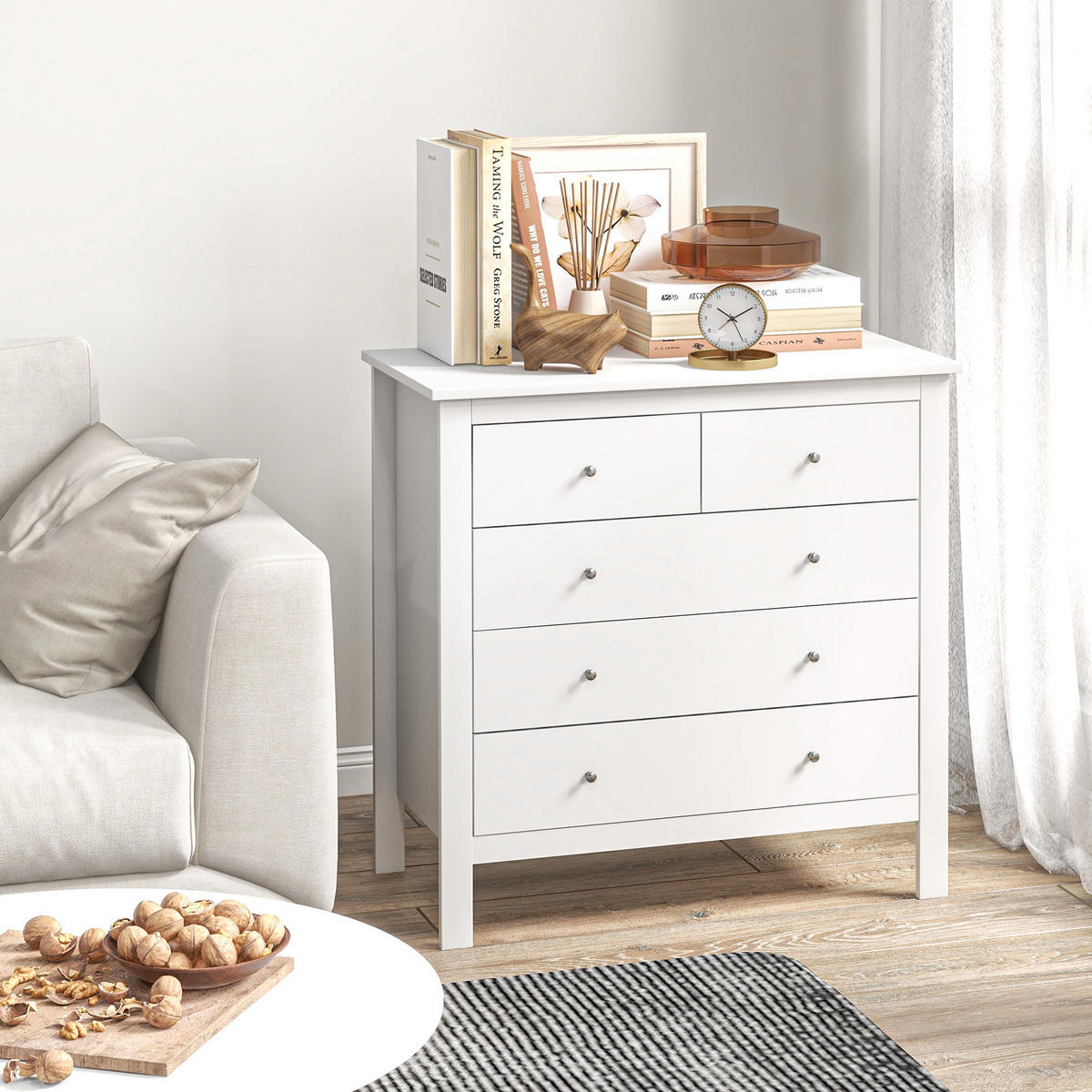 KOMMODE Beistellschrank mit 5 Schubladen Sideboard mit Anti-Kipp-Schutz Weiß - Weiß, Metall (39.5/80.5/79cm) - HOMCOM