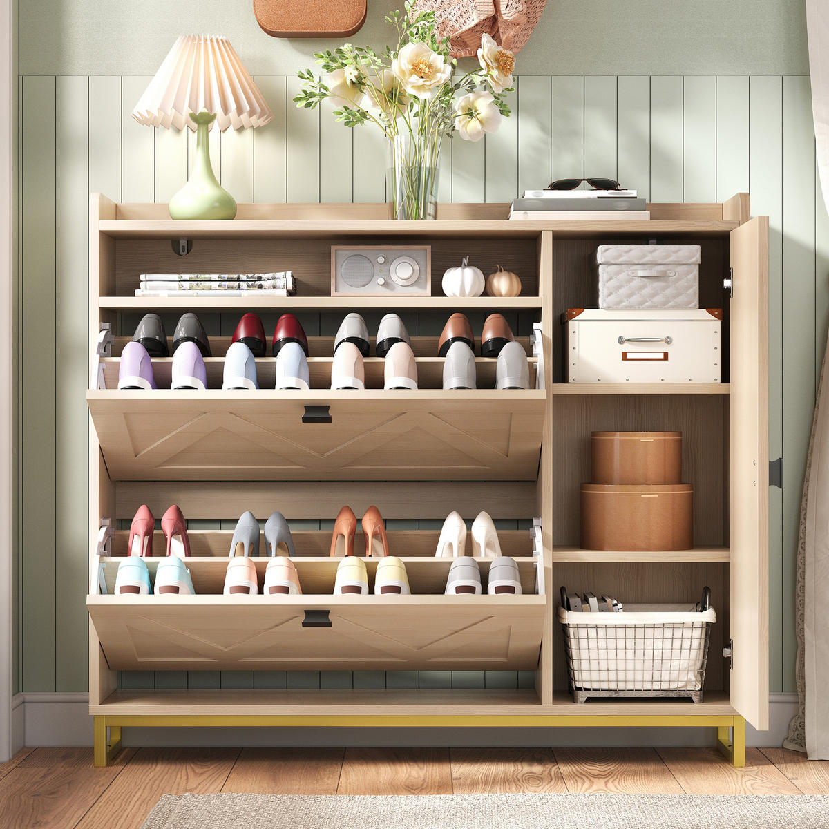 SCHUHSCHRANK aus MDF 110x24x100cm in Natur mit Soft-Close - Naturfarben, Holzwerkstoff (110/100/24cm) - Modfu