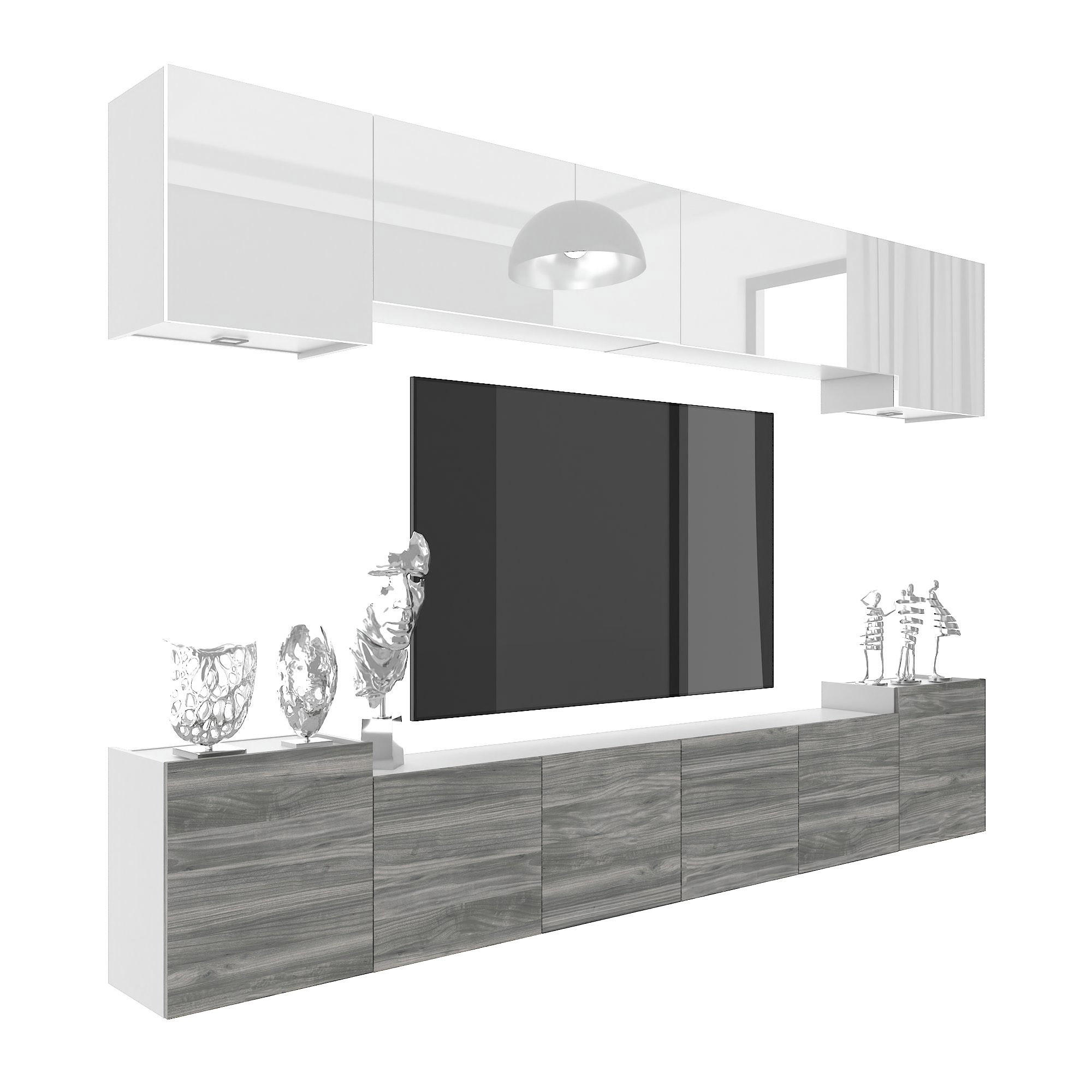 B BELINI GROUP OBÝVACÍ STĚNA Milano 4, Bílá lesklá / Šedá matná, 300 cm, Bezúchytková