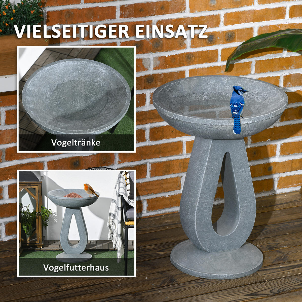 VOGELTRÄNKE, Kunstharz, Grau, Ø40 x 51H cm - Grau, Kunststoff (40/51/40cm) - Outsunny