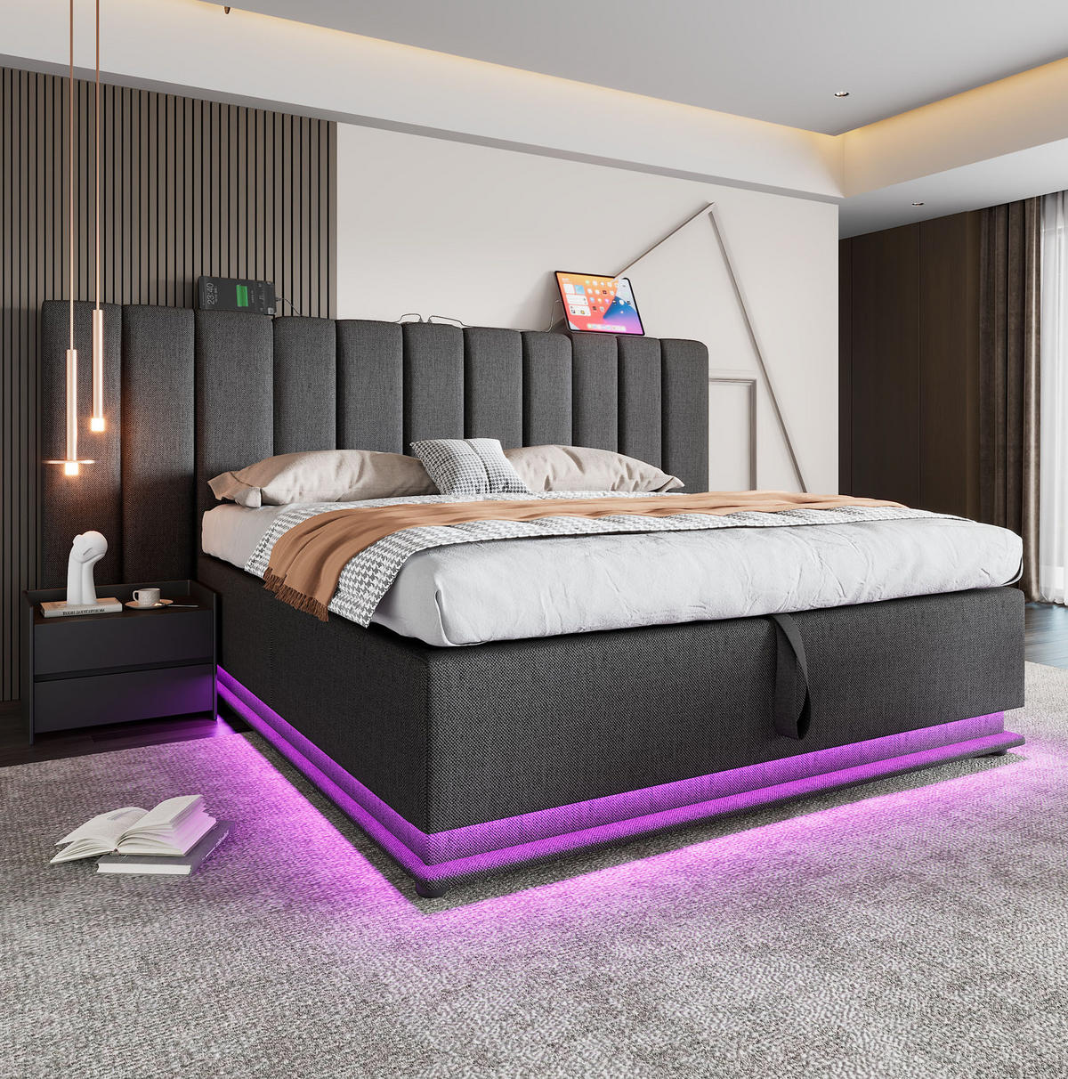 POLSTERBETT 160/200 cm Grau Stauraumbett mit App-Control LED und USB-C-Ladefunktion - Grau, Textil (160/200cm) - OKWISH