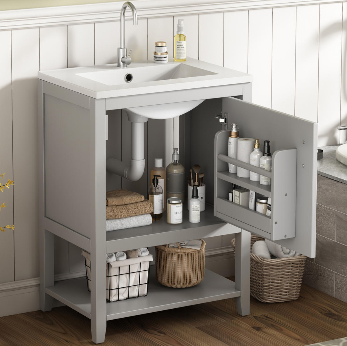 WASCHTISCHKOMBI 60 cm Grau aus MDF mit Keramikwaschbecken - Grau, Holzwerkstoff (61/87/47cm) - OKMYHOME